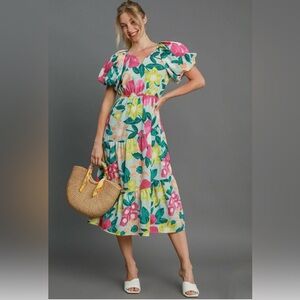 Umgee Floral Puff-Sleeve Midi Dress in Pink, Yellow & Green